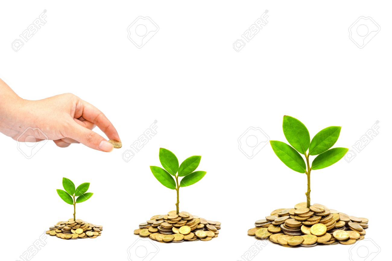 Hand Giving A Golden Coin To Trees Growing On Piles Of Coins.