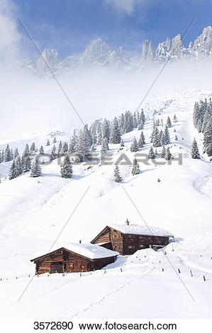 Stock Photography of Alp huts at the Hochkoenig in snow, Austria.