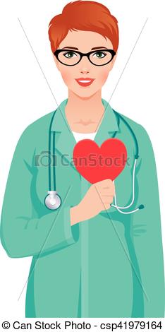 Young woman doctor wearing glasses in medical uniform with stethoscope  holding heart symbol in hand.eps.