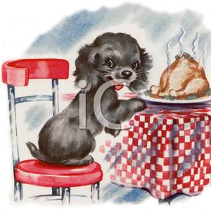 Cartoon of a Black Dog Preparing To Eat the Christmas Turkey Off.