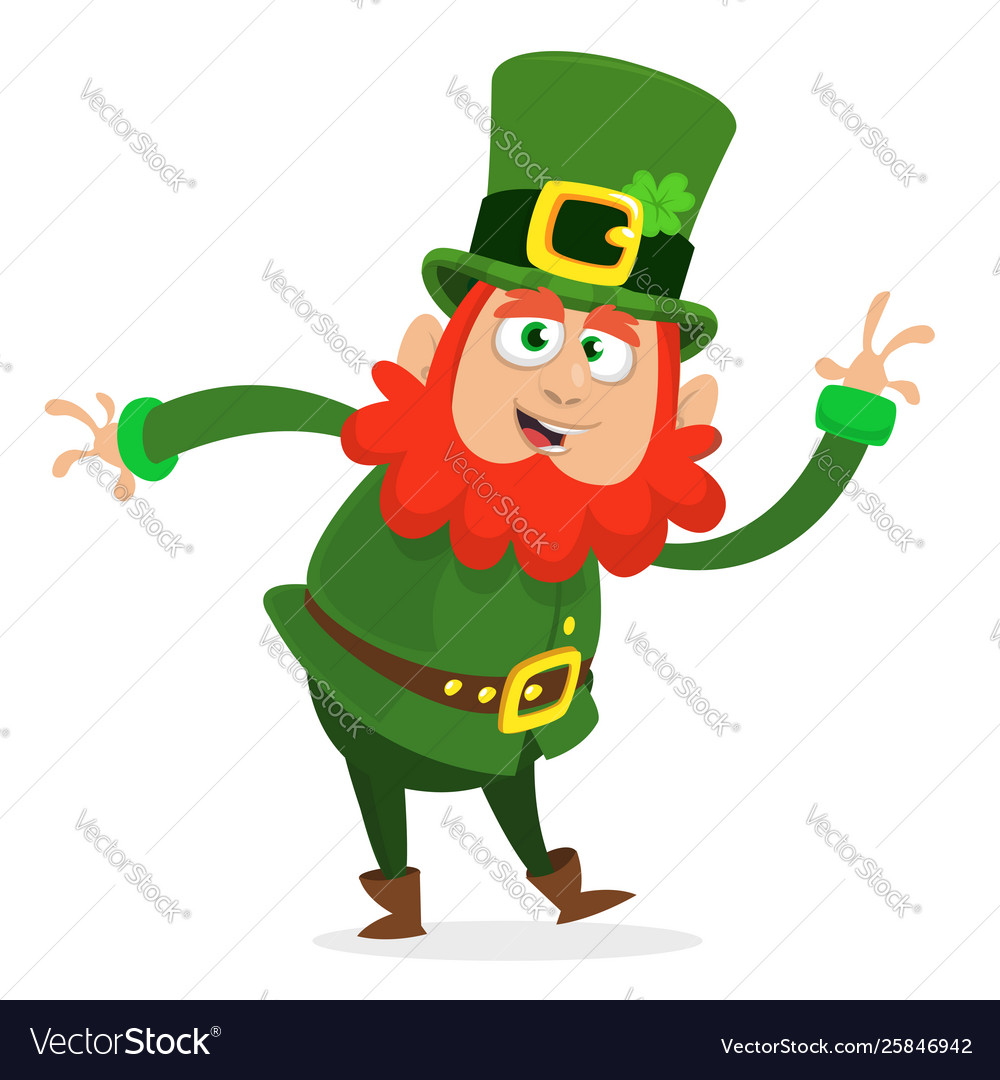 Cartoon happy leprechaun dancing.