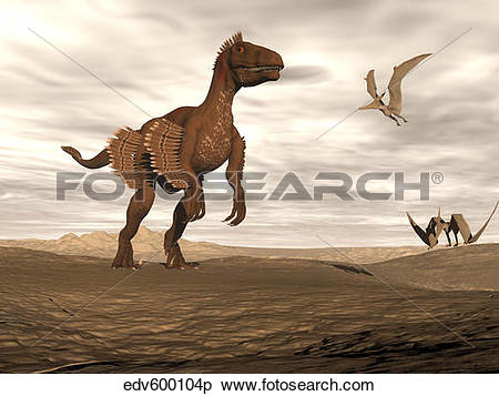 Stock Illustration of Velociraptor dinosaur in desert landscape.