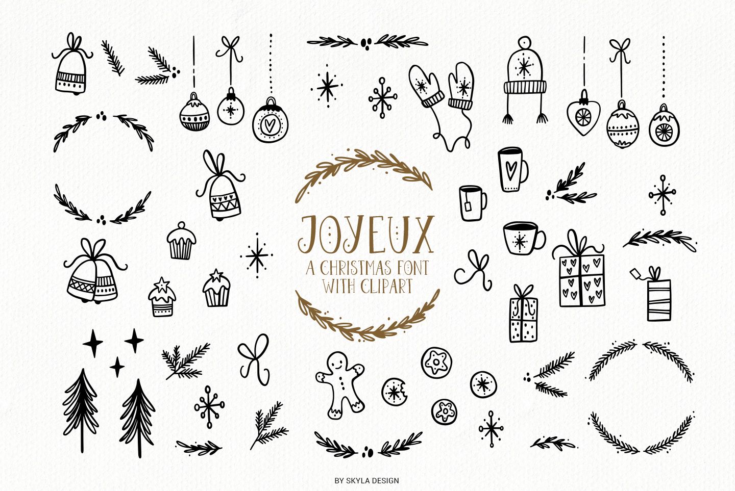 Joyeux Christmas font & Dingbat clipart illustrations.