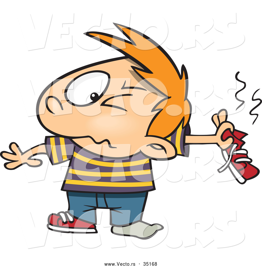 Vector of a Disgusted Cartoon Boy Holding His Smelly Shoe by Ron.