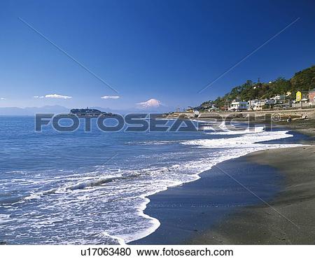 Stock Photography of Distant view of Mt. Fuji from beach in.