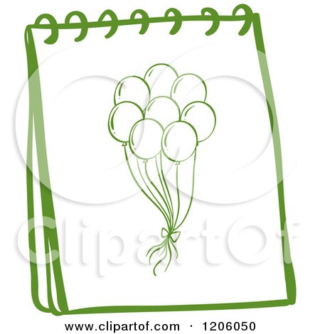 Cartoon of a Green Sketched Spiral Notebook with a Balloon Drawing.