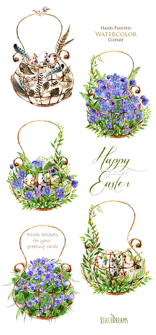 Easter watercolor clipart floral elements feathers by ReachDreams.