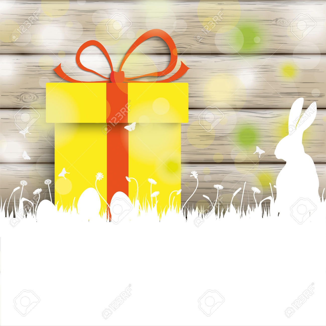 Easter Greeting Card With Rabbit, Gift And Lights On The Wooden.