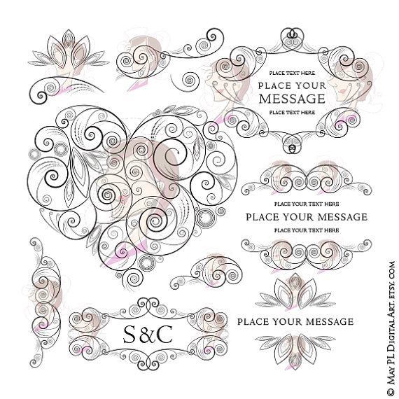 Valentine Clip Art Heart Frame Flourish Elegant DIY Invitations.