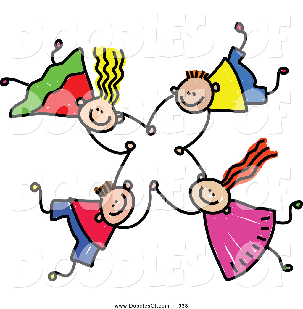 Vector Clipart of a Doodle of Four Kids Holding Hands While.