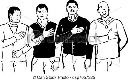 Clipart Vector of Four men listen and sing their national anthem.