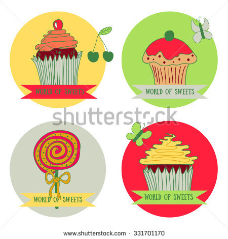 Set Of Four Spot Graphics Elements: Cupcakes And Lollipop With.