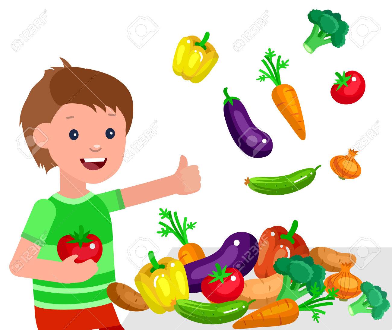 Cute vector character child and healthy food. Child boy with...