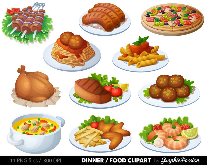 Food Clipart Dinner Clipart Spaghetti Clipart Pizza Clipart Digital food  clipart Meatballs clipart.