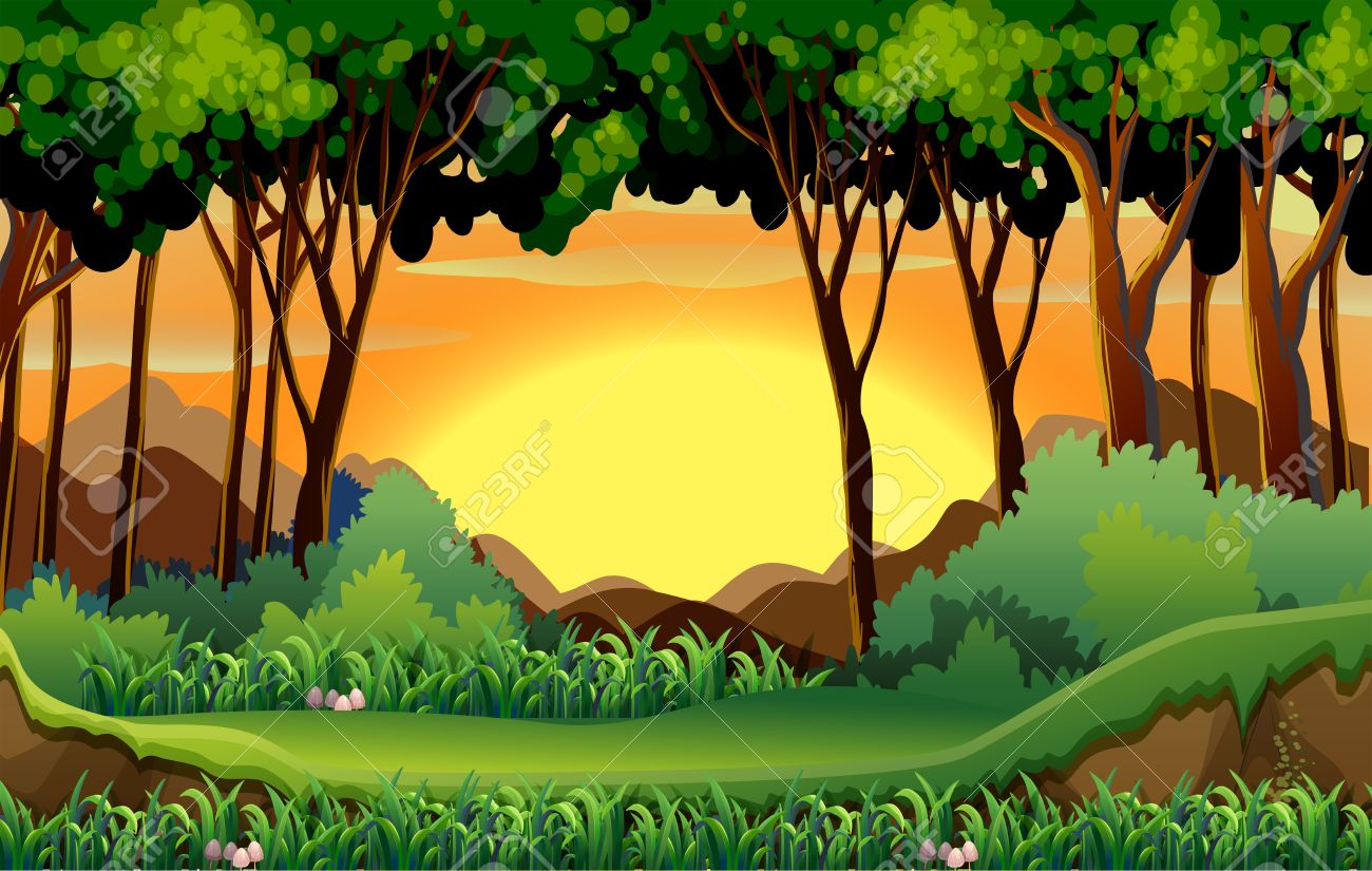 Illustration of a scene of a forest at sunset.