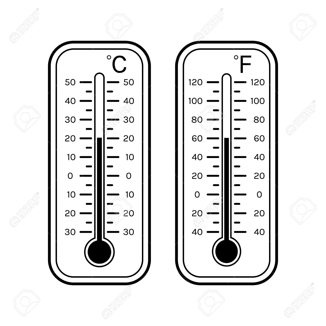 Linear flat icons of thermometers for weather. Scale Celsius.