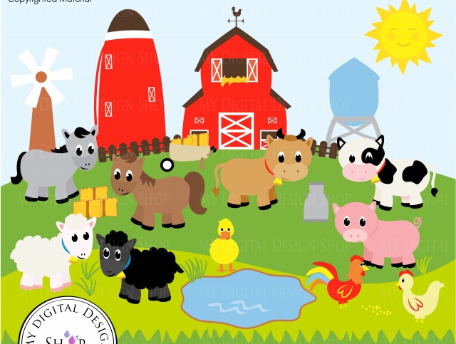 Old MacDonald, Farm Animals, Vector Clipart Image, Scrapbooking Farm, Barn,  Windmill, Cows, Sheep, Duck, Rooster, Hen, Baby Animals, PNG/EPS.