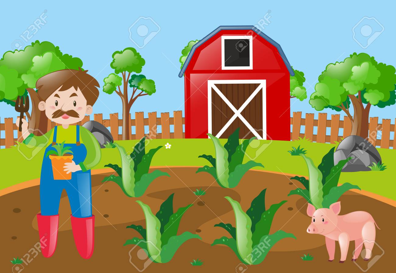 Farm Scene With Farmer Planting In Field Illustration Royalty Free.