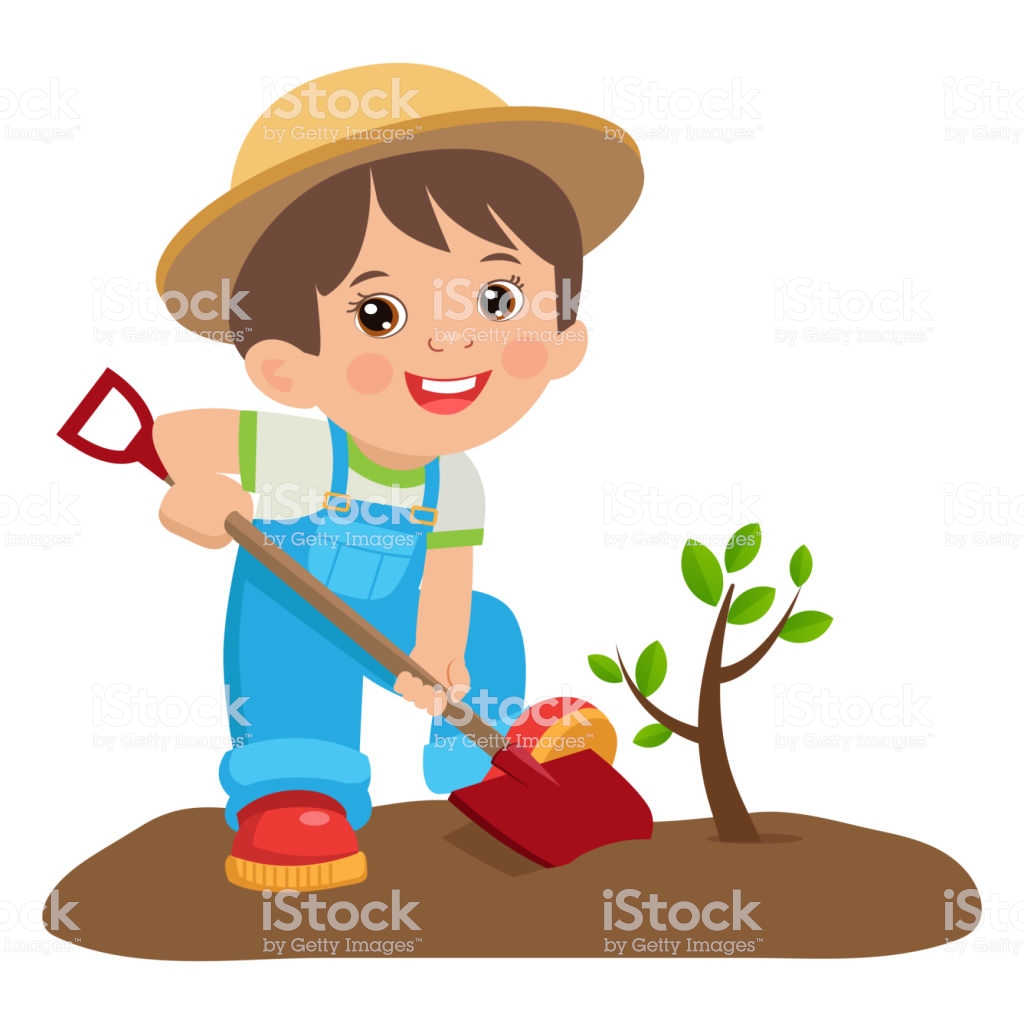 Growing Young Gardener Cute Cartoon Boy With Shovel Young Farmer.