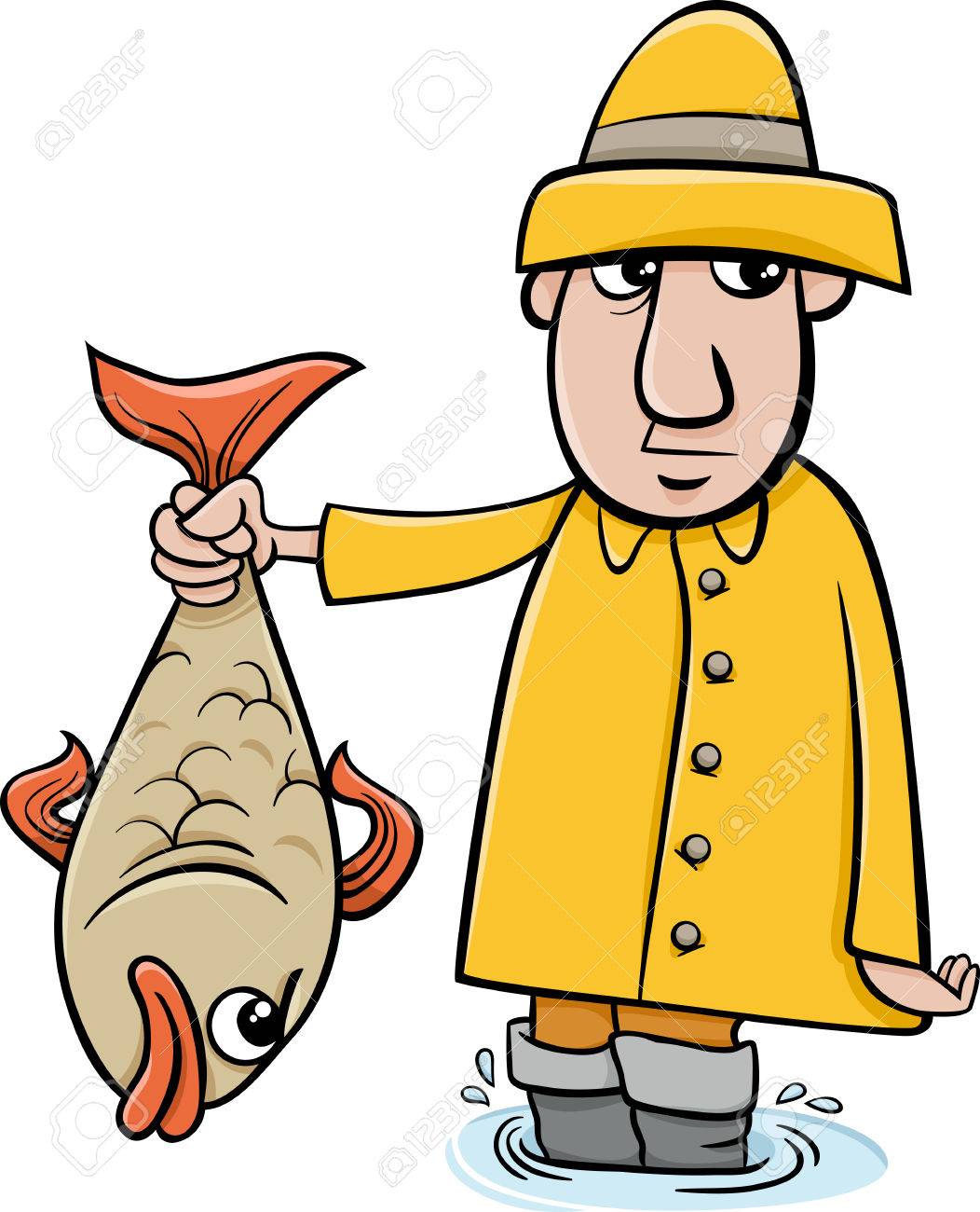 Cartoon Illustration of Angler or Fisherman with Big Fish.