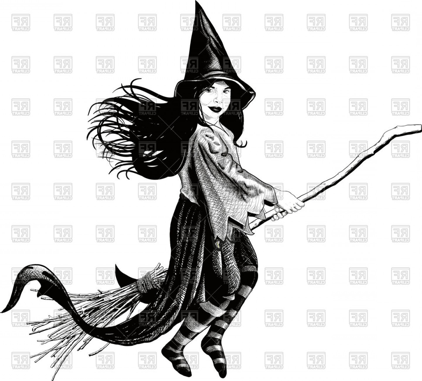 Little Witch Flying On Her Broom Develop Her Dress And Hair.