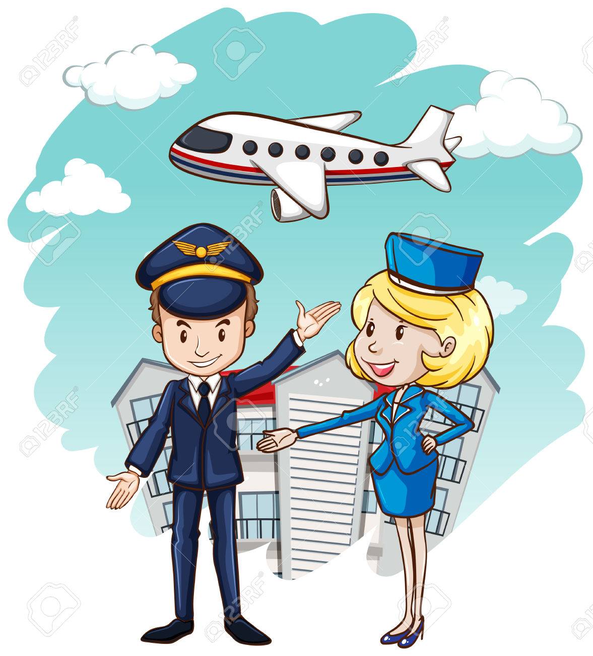 Pilot and flight attendant with airplane in background illustration.