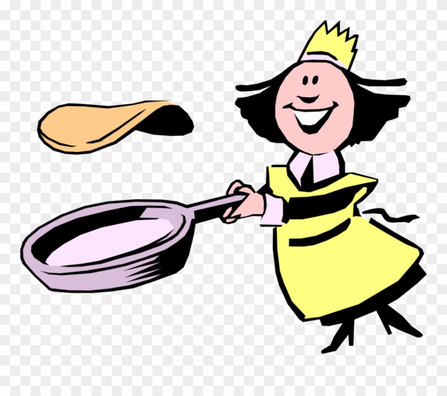 Vector Illustration Of Female Chef Flips Pancake Or.