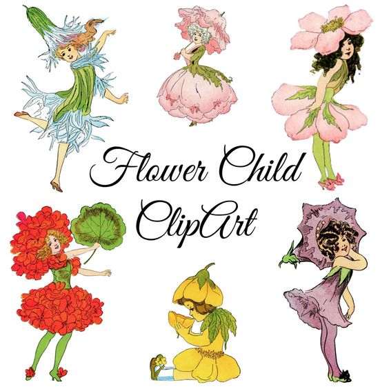 Vintage Flower Child ClipArt, Vintage Illustrations PNG Clip Art.