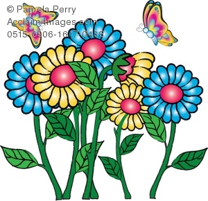 Clip Art Illustration of Butterflies Flying Around Flowers.