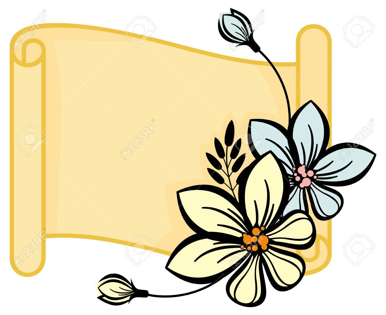 Horizontal paper scroll with flowers.