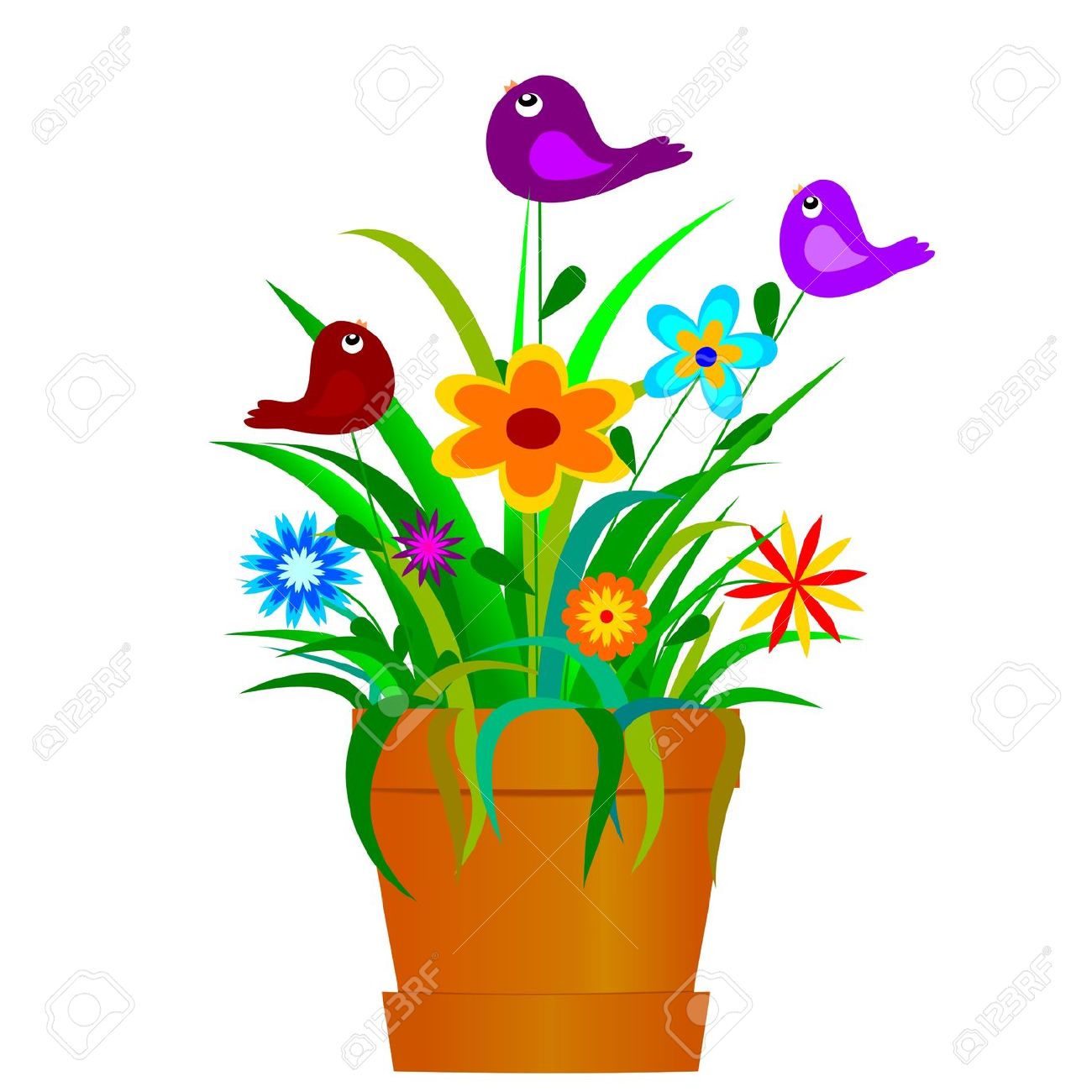 Pot Full Of Colorful Spring Flowers And Birds Royalty Free.