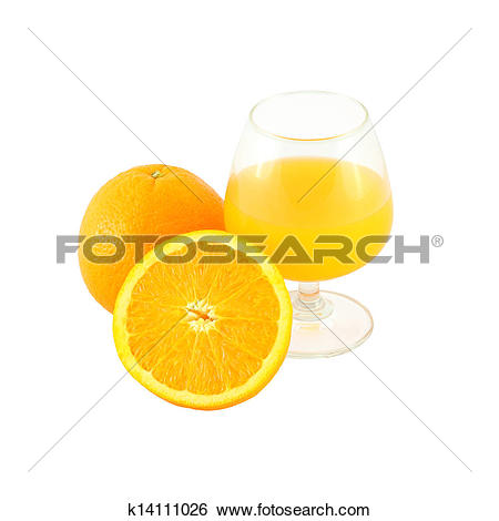 Stock Images of Orange juice in brandy glass and one half fruit on.