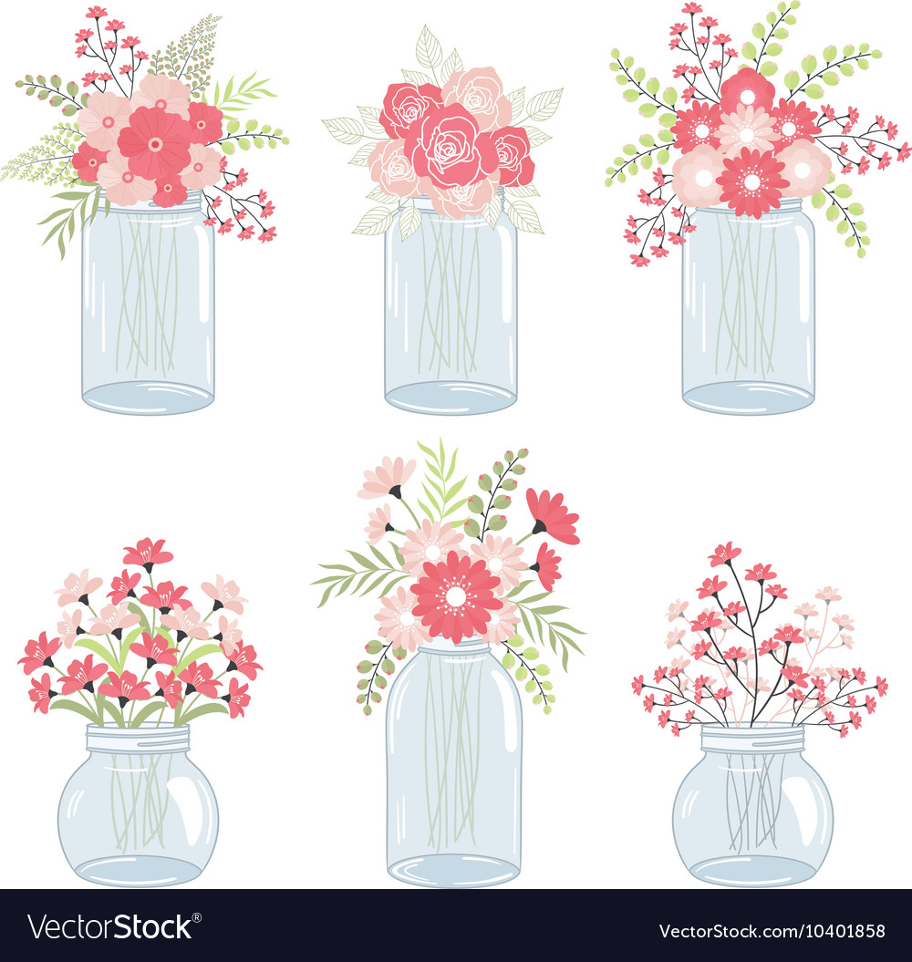 Wedding Pink Flowers In Mason Jars.