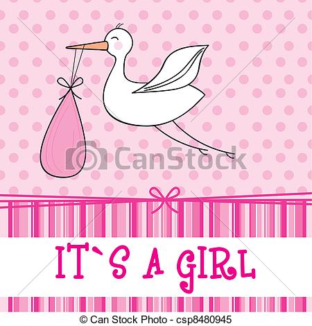 Clipart Vector of it?s a girl with stork , baby shower. vector.