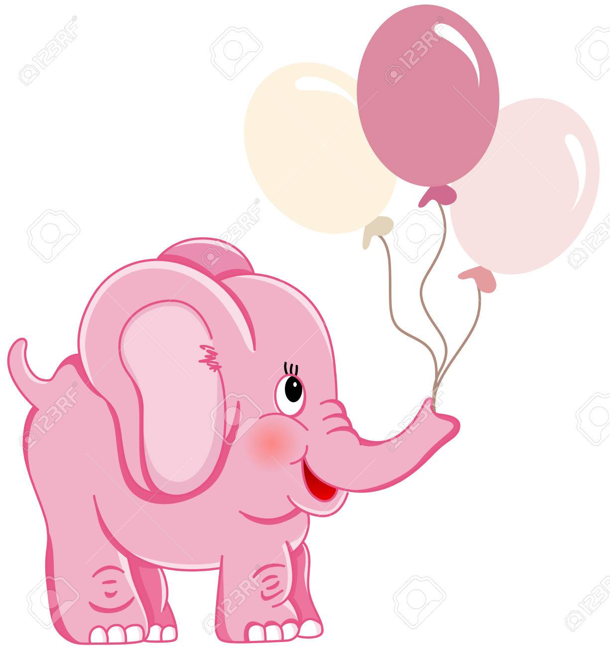 Cute pink elephant holding balloons.