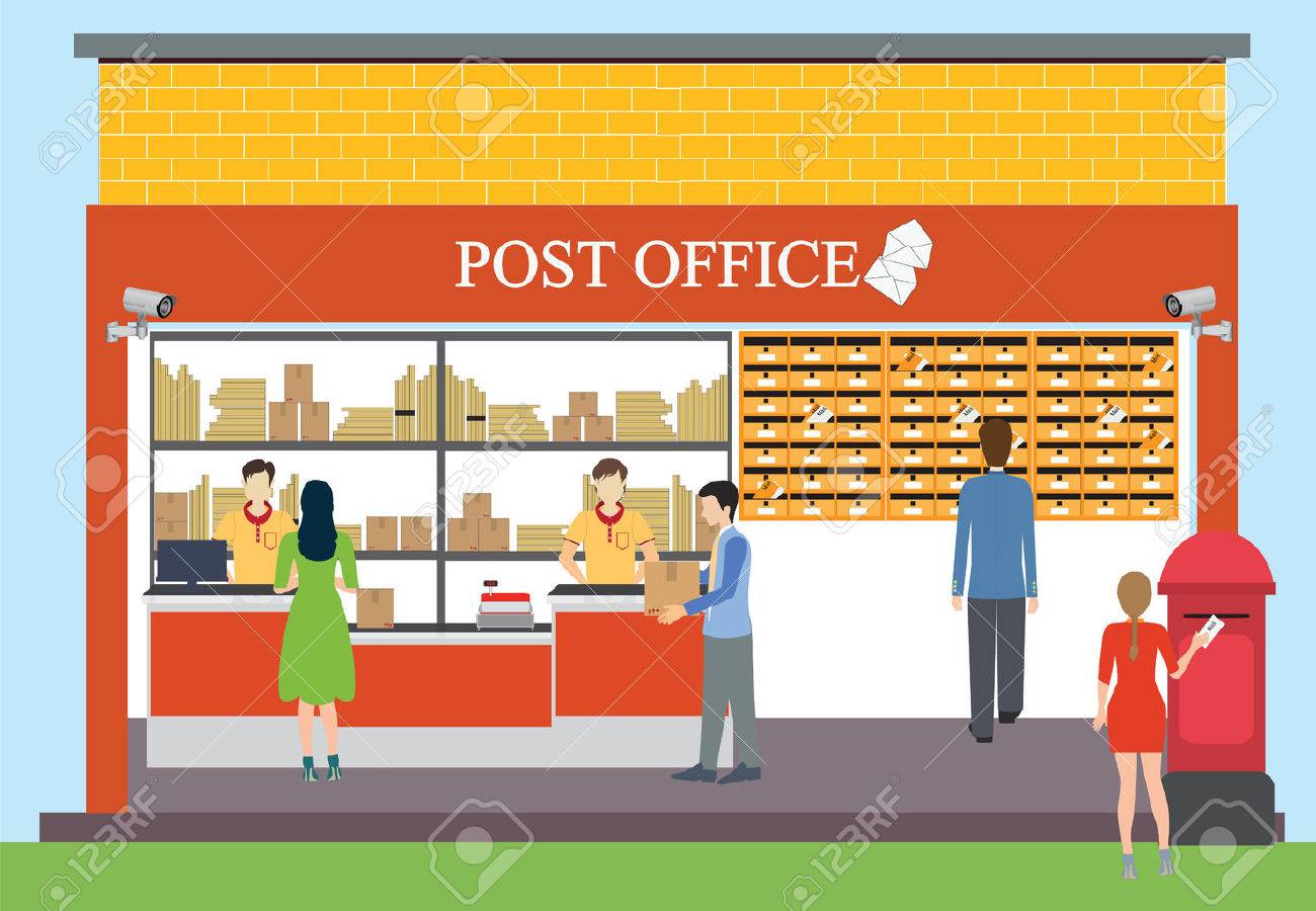 Building exterior of post office, office workers, postmen, people,...