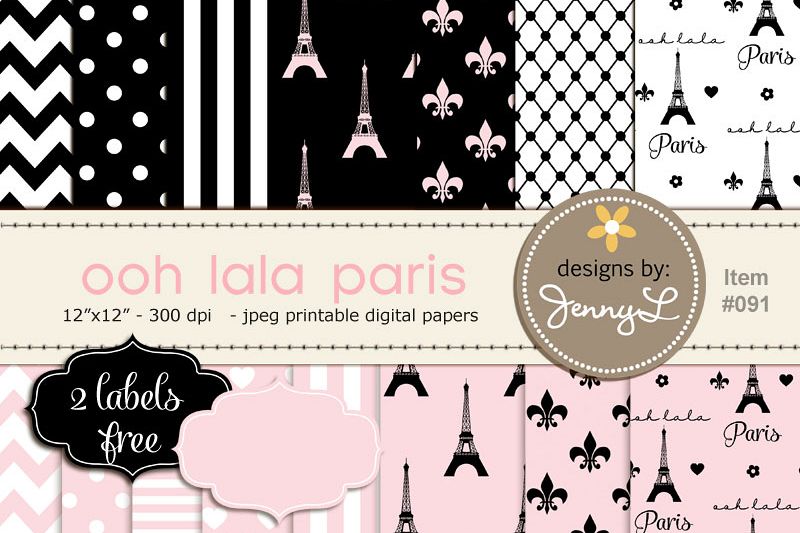 Paris Digital Paper, Eiffel Tower Printable Digital Background Papers,  Fleur,.