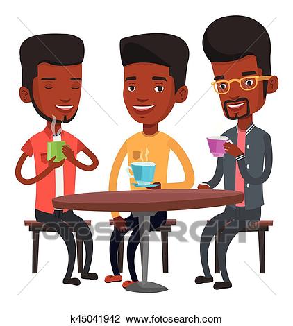 Group of men drinking hot and alcoholic drinks. Clipart.