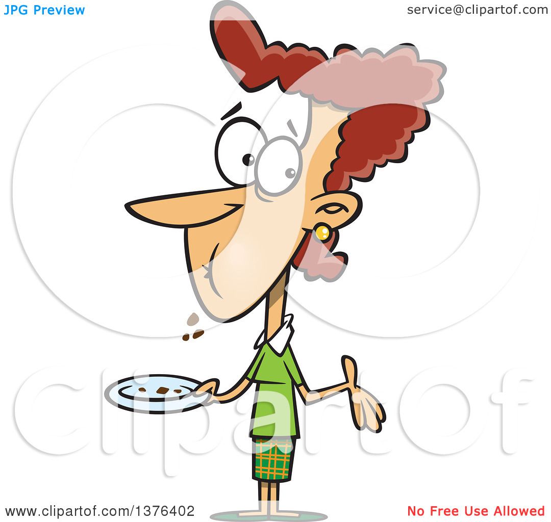 Clipart of a Cartoon Brunette White Woman with a Full Mouth.