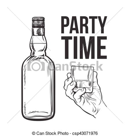 Vectors Illustration of Whiskey bottle and hand holding full shot.