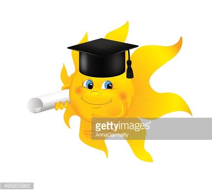 Funny cartoon sun wearing graduation cap Clipart Image.