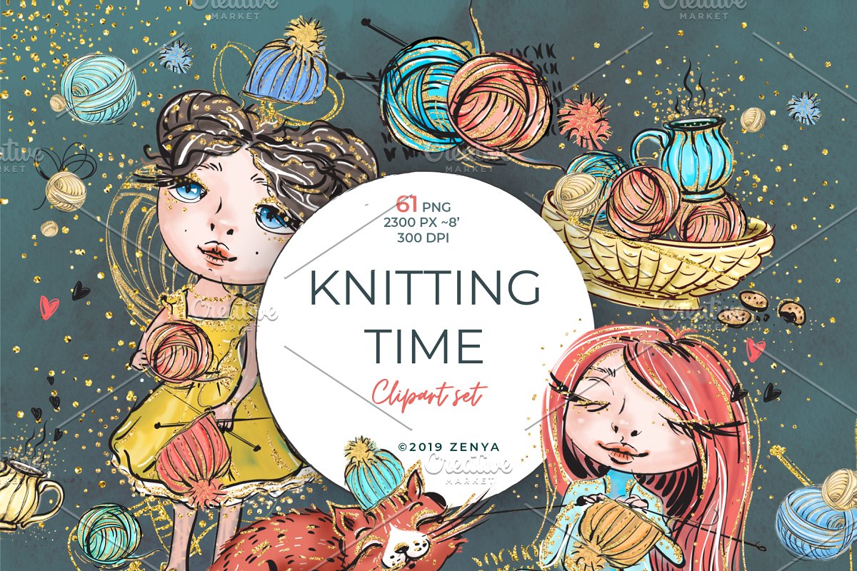 Knitting Time clipart set.