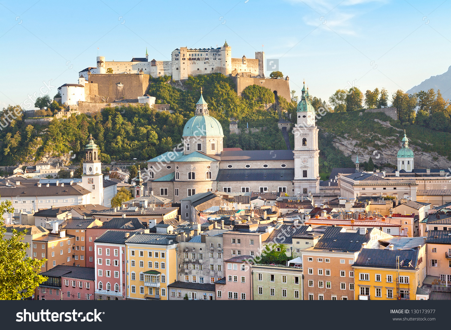 Beautiful View Salzburg Skyline River Salzach Stock Photo.