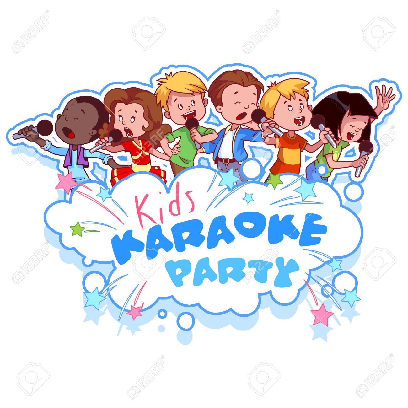 Cartoon children sing with a microphone. Logo template for children's...