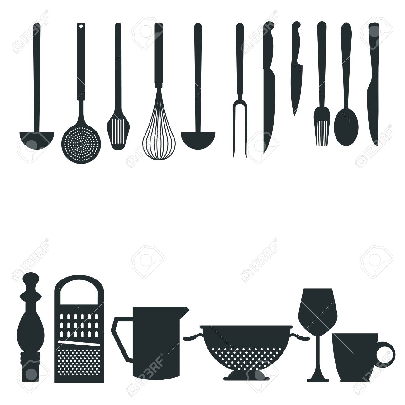 white background with monochrome silhouette different utensils...