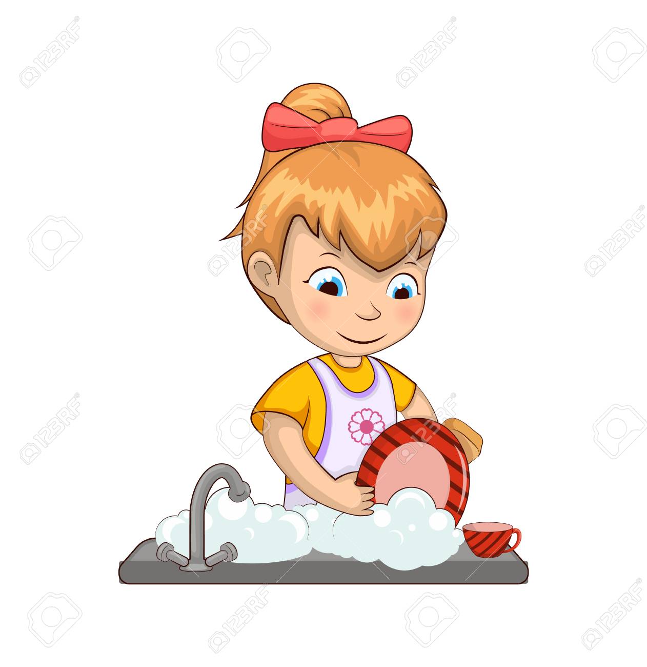 Little girl washing dishes, chores of kid and helping mom, duties...