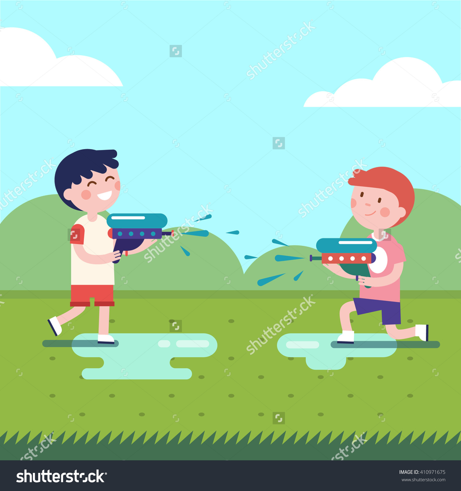 Two Boys Playing Water Guns Wars Stock Vector 410971675.