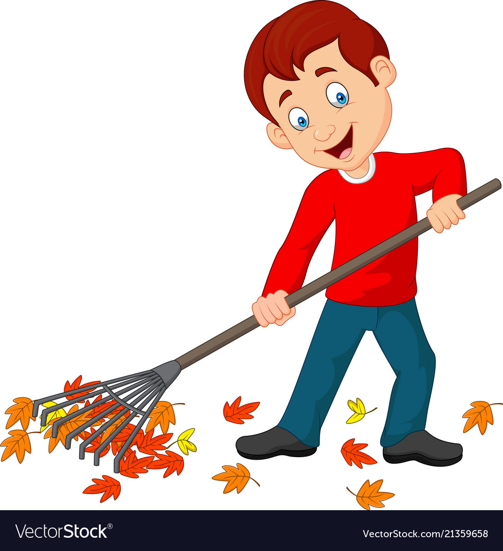 Cartoon happy boy raking leaves.