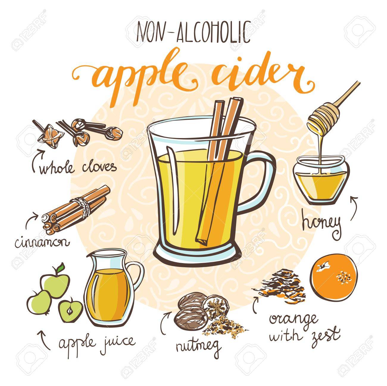 Vector illustration with soft hot drink Apple cider. Hand drawn...