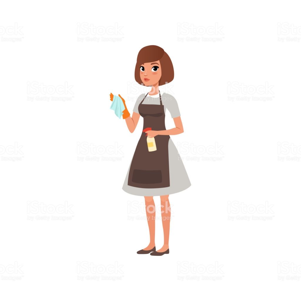 Cartoon woman character holding rag and spray bottle with.